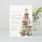 Red Bow Christmas Tree Cena De Navidad Dinner Einladung (Stehend Vorderseite)