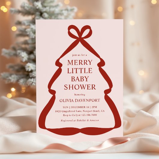 Red Bow Christmas Tree Merry Little Baby Shower Einladung