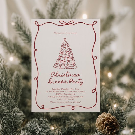 Red Bow, Christmas Tree Party Einladung