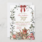 Red Bow Christmas Woman 70th Birthday Tea Party Einladung (Vorderseite)