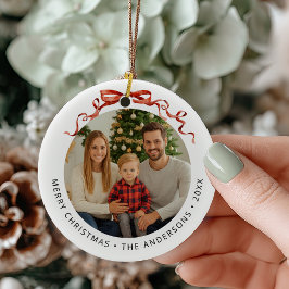 Red Bow Circle Christmas Photo Keramik Ornament