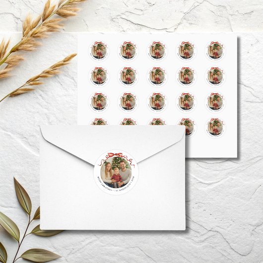 Red Bow Circle Christmas Photo Runder Aufkleber