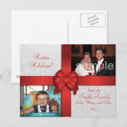 Red Bow Custom Foto Holiday Postkarte (Vorne/Hinten)