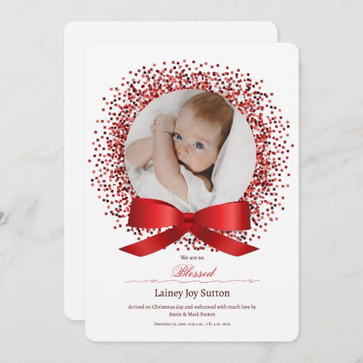 Red Bow Foto Birth Annou Ankündigung (Vorne/Hinten)