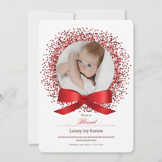 Red Bow Foto Birth Annou Ankündigung (Vorderseite)