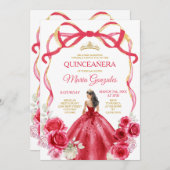 Red Bow Frame Princess Gold Crown Girl Quinceañera Einladung (Vorne/Hinten)