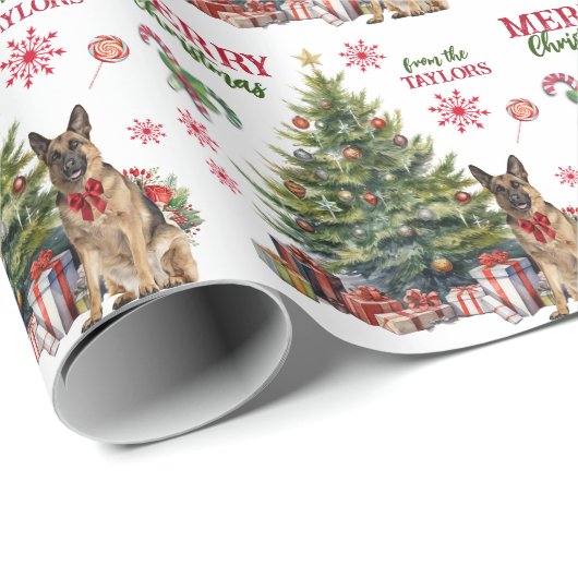 Red Bow German Shepherd Dog Holiday Tree Geschenkpapier (Rolleneckpunkt)