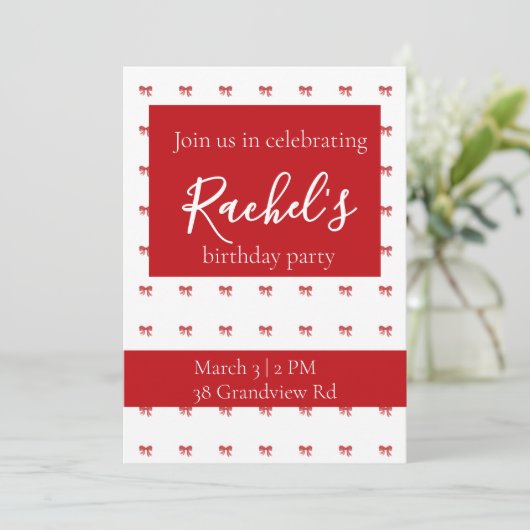 Red Bow Girl Birthday Party Einladung (Stehend Vorderseite)