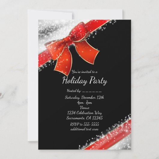 Red Bow & Glitzern Chic Black Holiday Einladungen (Vorderseite)