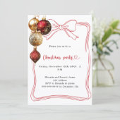 Red bow gold baubles Christmas Party Einladung (Stehend Vorderseite)