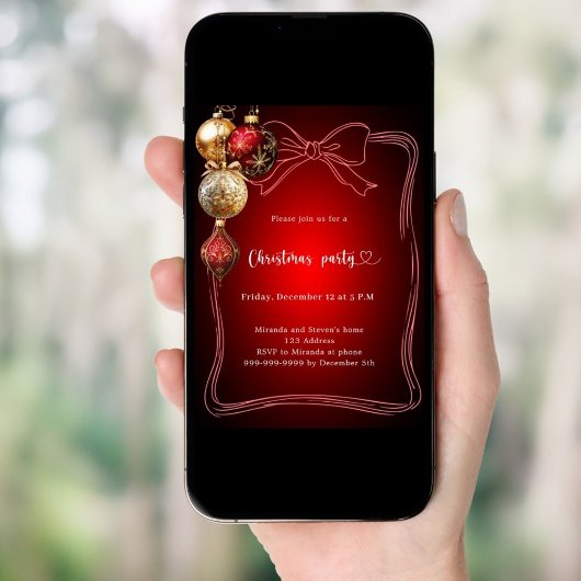 Red bow gold baubles hand-drawn Christmas Party Einladung
