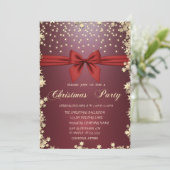 Red Bow Gold Stars Weihnachtsfeiertag Party Einladung (Stehend Vorderseite)