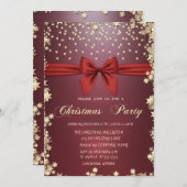Red Bow Gold Stars Weihnachtsfeiertag Party Einladung (Vorne/Hinten)