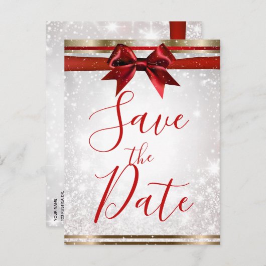 Red Bow & Gold White Sparkday Save the Date Ankündigungspostkarte (Vorne/Hinten)