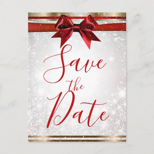 Red Bow & Gold White Sparkday Save the Date Ankündigungspostkarte (Vorderseite)