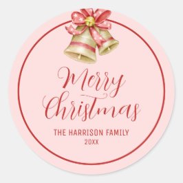 Red Bow Golden Jingle Bell Pink Runder Aufkleber