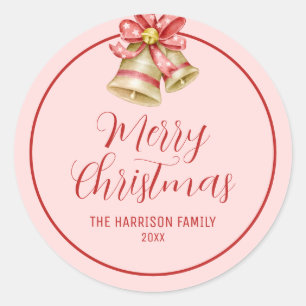Red Bow Golden Jingle Bell Pink Runder Aufkleber