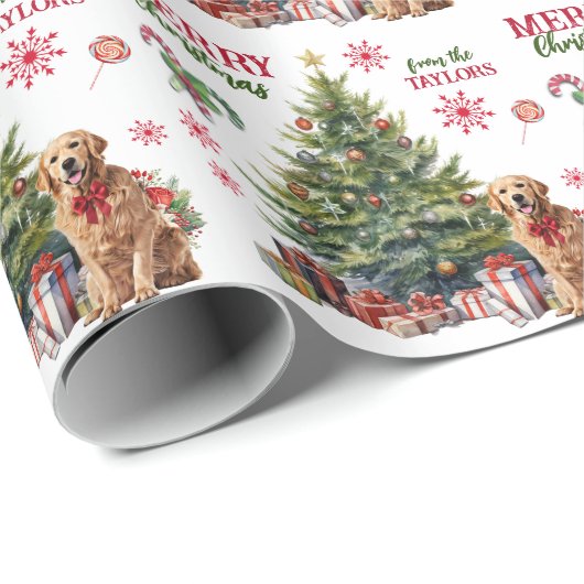 Red Bow Golden Retriever Dog Holiday Tree Geschenkpapier (Rolleneckpunkt)