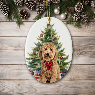 Red Bow Goldendoodle Dog Weihnachten Keramik Ornament