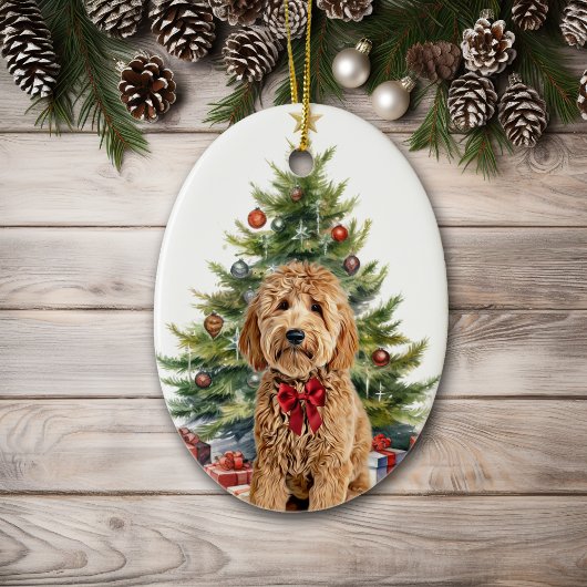 Red Bow Goldendoodle Dog Weihnachten Keramik Ornament