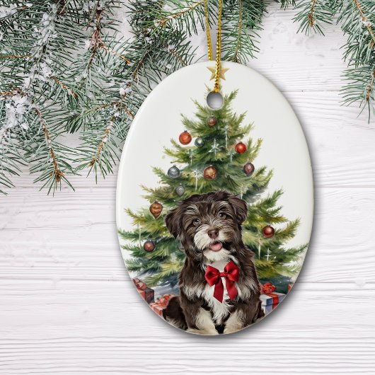 Red Bow Havanese Dog Christmas Keramik Ornament