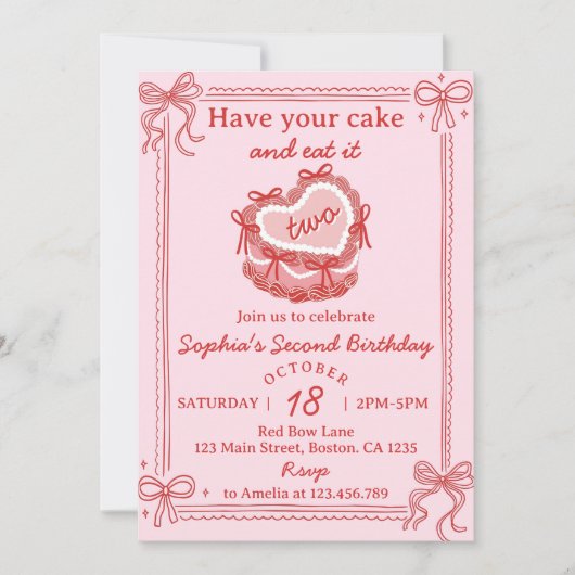 Red Bow Have Your Cake and Eat It Two Birthday Einladung (Vorderseite)