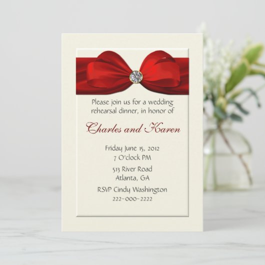 Red Bow Hochzeit Probe Dinner Einladung (Stehend Vorderseite)