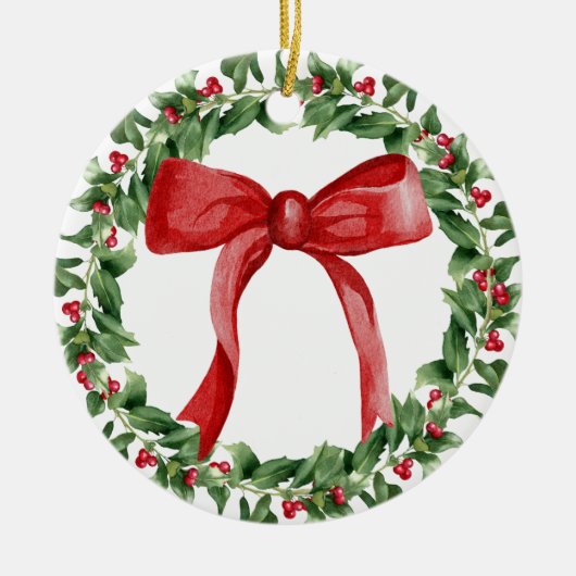 Red Bow Holiday Wreath Classic Weihnachtsbaum Keramik Ornament (Vorne)