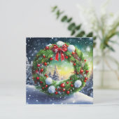 Red Bow Holiday Wreath Einladung (Stehend Vorderseite)