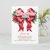 Red Bow Holly Berries Weihnachts-Party Einladung (Stehend Vorderseite)