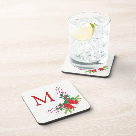 Red Bow Holly Christmas Monogram Getränkeuntersetzer (Rechte Seite)
