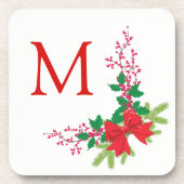 Red Bow Holly Christmas Monogram Getränkeuntersetzer (Vorderseite)