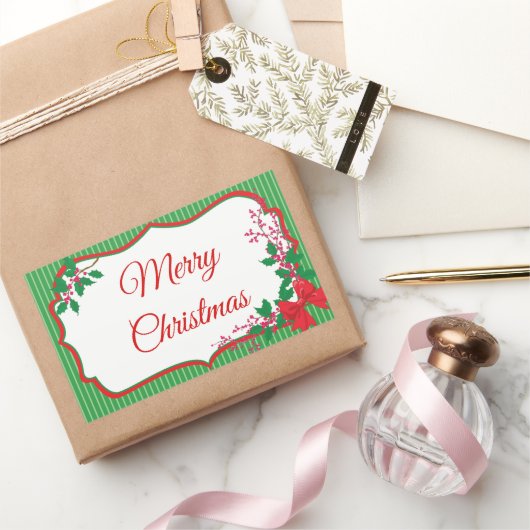 Red Bow Holly Weihnachtsrahmen Rechteckiger Aufkleber (Schenken)