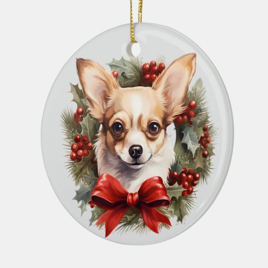 Red Bow Holly Wreath Chihuahua Dog Keramik Ornament (Links)