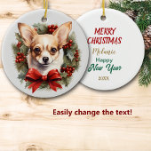 Red Bow Holly Wreath Chihuahua Dog Keramik Ornament