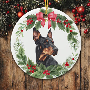 Red Bow Holly Wreath Doberman Pinscher Dog Keramik Ornament