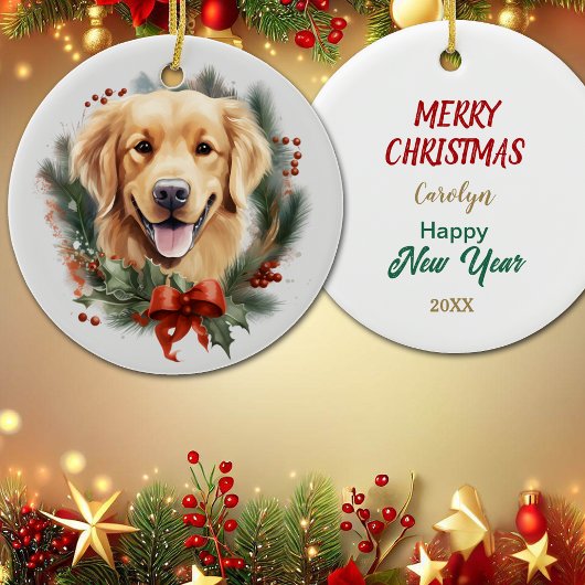 Red Bow Holly Wreath Golden Retriever Dog Keramik Ornament