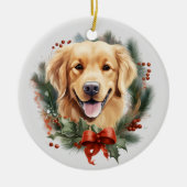 Red Bow Holly Wreath Golden Retriever Dog Keramik Ornament (Vorne)