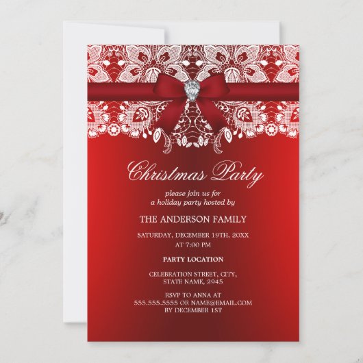 Red Bow & Lace Christmas Party Einladung (Vorderseite)