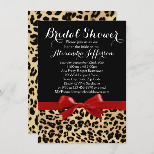 Red Bow Leopard Print Bridal Dusche Einladung (Vorne/Hinten)