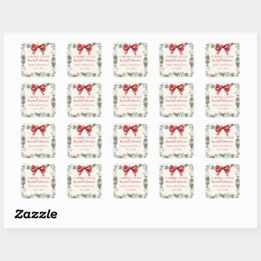 Red Bow Merry Little Christmas Bridal Shower Quadratischer Aufkleber (Blatt)