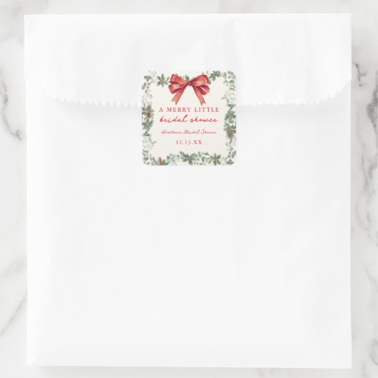 Red Bow Merry Little Christmas Bridal Shower Quadratischer Aufkleber (Tasche)