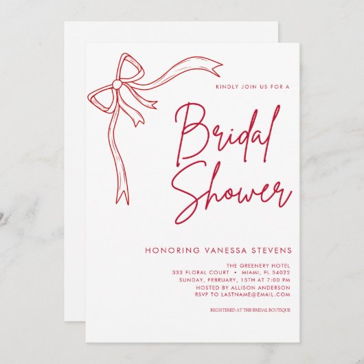 Red Bow Minimal und Chic Brautparty Einladung (Vorne/Hinten)
