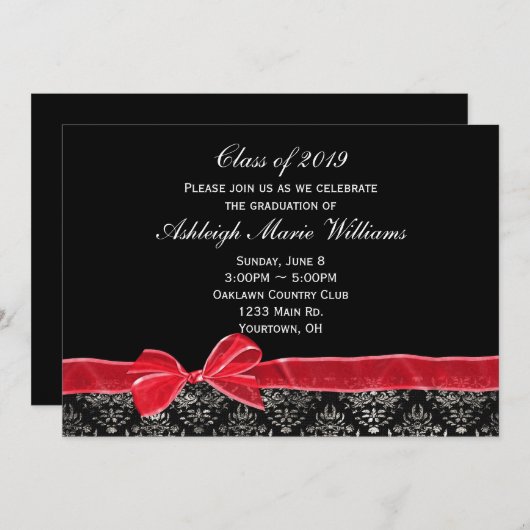 Red Bow mit Damask Border of Grad Einladung (Vorne/Hinten)