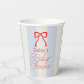 Red Bow & Pale Blue Stripes Baby Shower Pappbecher (Vorderseite)