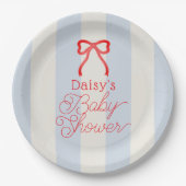 Red Bow & Pale Blue Stripes Baby Shower Pappteller (Vorderseite)