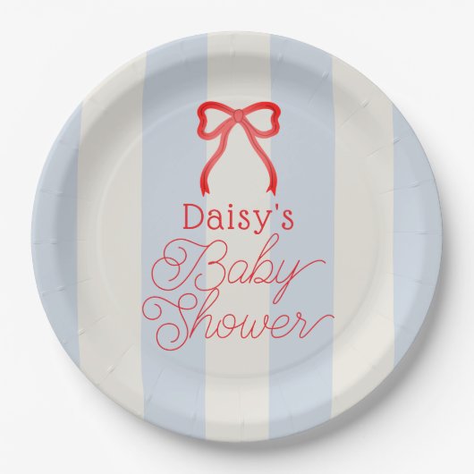 Red Bow & Pale Blue Stripes Baby Shower Pappteller (Vorderseite)