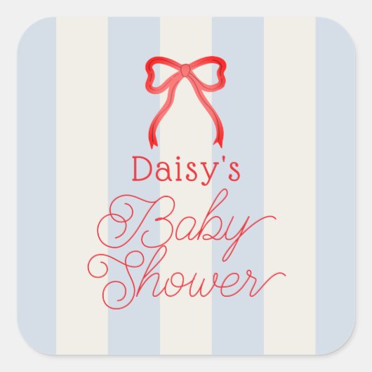Red Bow & Pale Blue Stripes Baby Shower Quadratischer Aufkleber (Vorderseite)