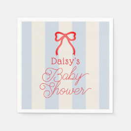 Red Bow & Pale Blue Stripes Baby Shower Serviette