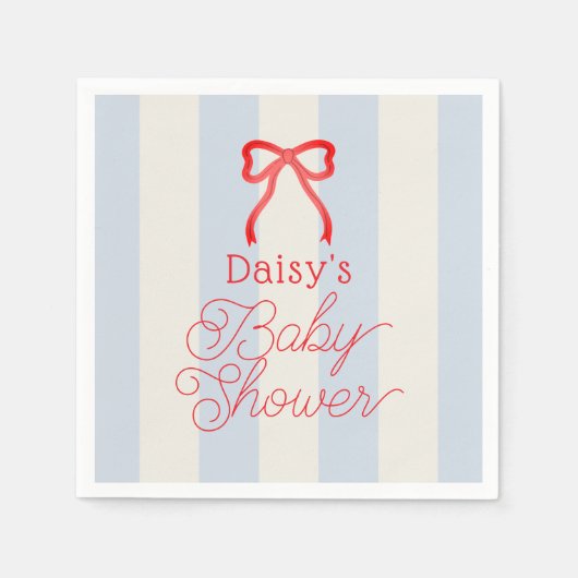 Red Bow & Pale Blue Stripes Baby Shower Serviette (Vorderseite)